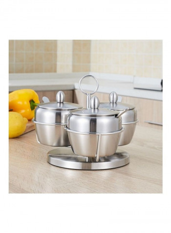 Stainless Steel Three Flavor Rotating Seasoning Pot Set Silver 21 x 20 x 17cm