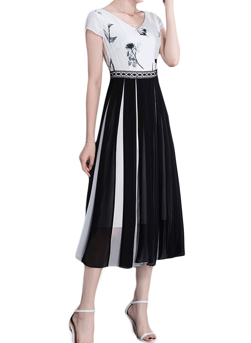 V Neck Patchwork Pattern Midi Dress White/Black