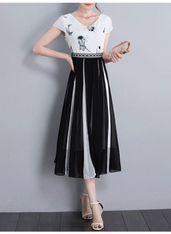 V Neck Patchwork Pattern Midi Dress White/Black