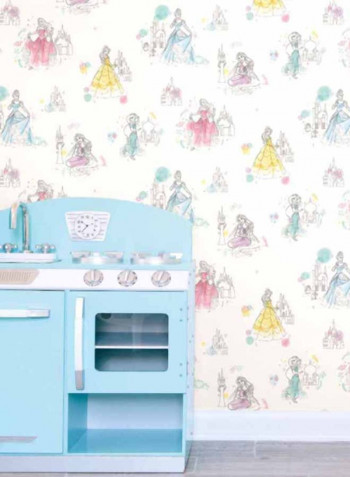 Princess Themed Wallpaper White/Blue/Yellow 52x1000cm