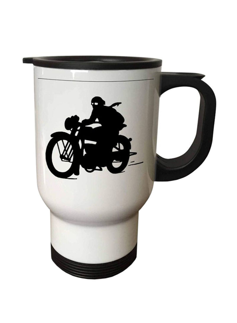 Man Riding Motorcycle Travel Mug White 22 x 30inch