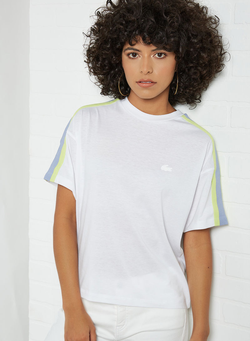 Contrast Bands Flowing Cotton Blend T-Shirt White/Freesia-Combava