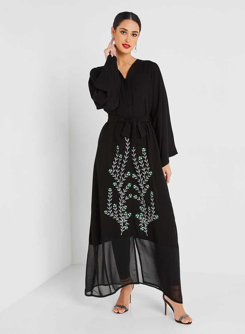 Sheer Panel Embroidered Abaya Black