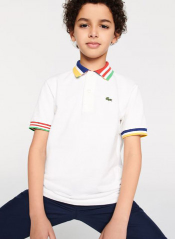 Kids Contrast Stripe Cotton Piqué Polo White/Red/Yellow