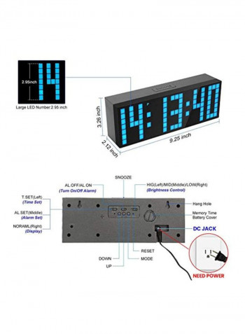 Number Jumbo LED Snooze Table Clock Black 9.5x3.35x2.2inch