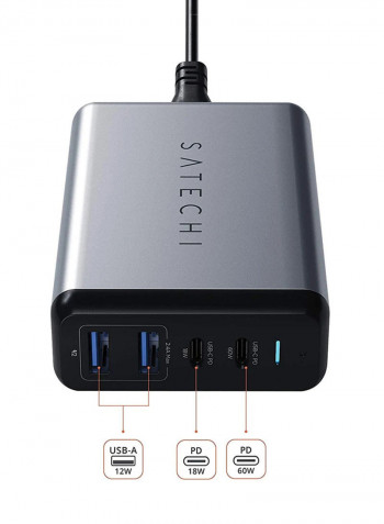 2x USB-C And 2x USB-A 75W PD Dual Port Travel Charger Grey