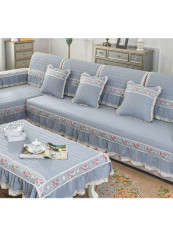 Ruffled Lace Non-Slip Sofa Slipcover Sky Blue/White