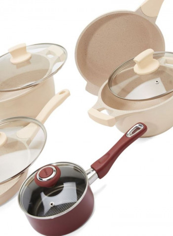 Winsor 9PC Cast Aluminum Non-Stick Cookware-Beige +  Prestige Class. Pro Cov Saucepan 0.9L/14Cm Multicolour 1 x Casserole(26), 1 x Casserole(20), 1 x Saute Pan(24), 1 x Frypan(24), 1 x Saucepan (14)cm