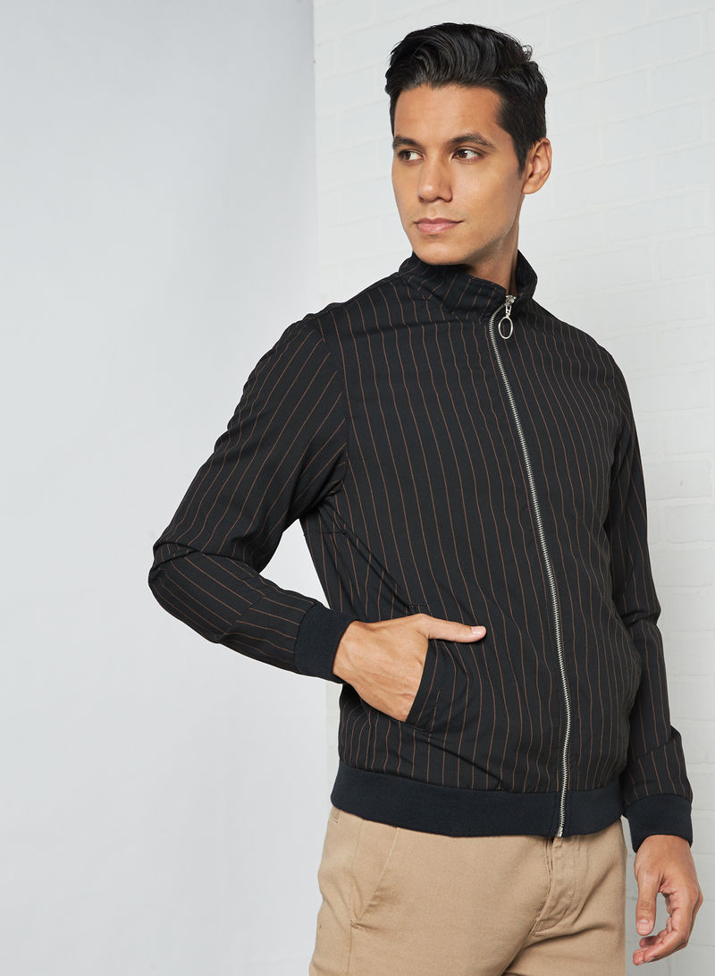 Striped Pattern High Neck Jacket Black
