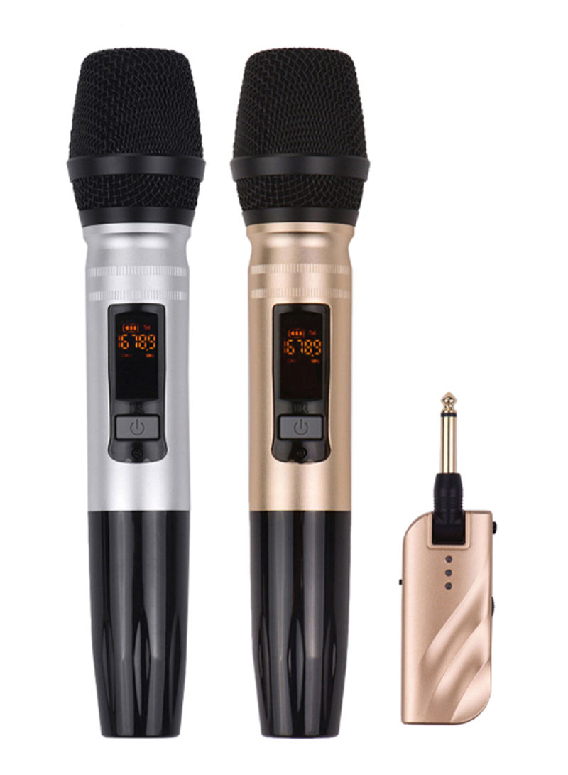 2-Piece Dual-Frequency Wireless Handheld Microphone With Receiver For Karaoke MI2046 Gold/Silver