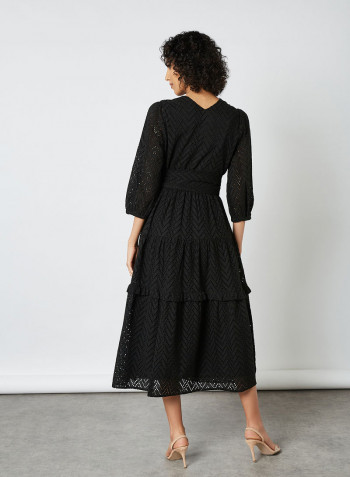 Schiffli Ruffle Detail Dress Black