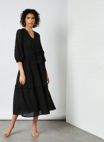 Schiffli Ruffle Detail Dress Black