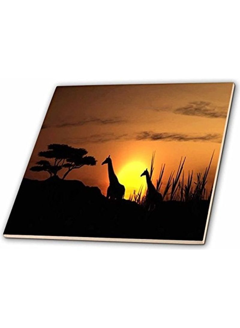 Pair Of Giraffes In The African Sunset Printed Decorative Wall Hanging Tile Multicolour