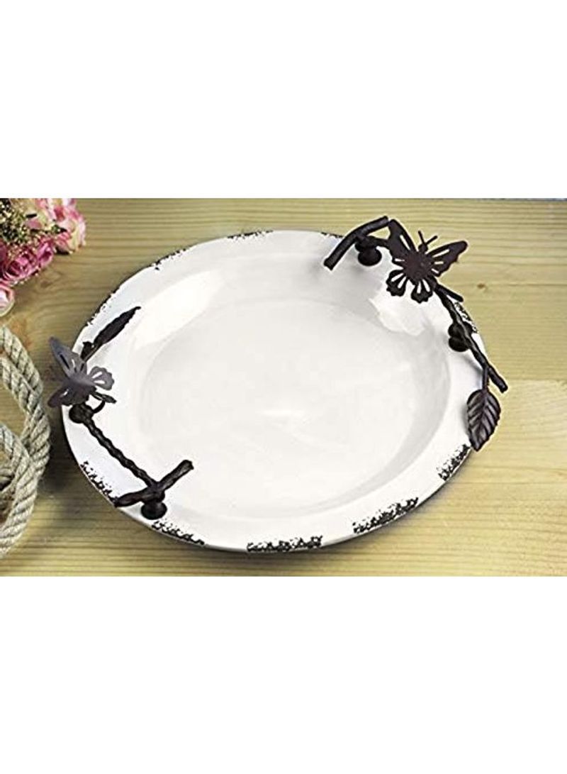 Metal Handle Ceramic Round Decorative Plate White/Black