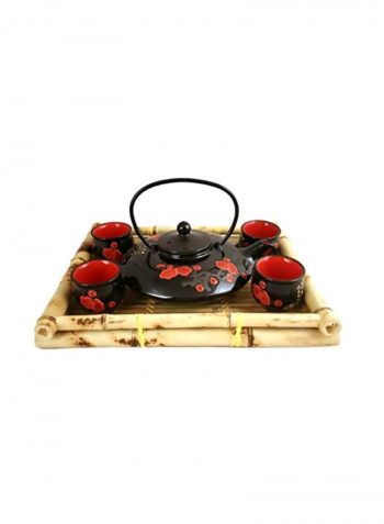 5-Piece Porcelain Tea Set With Tray Black/Red