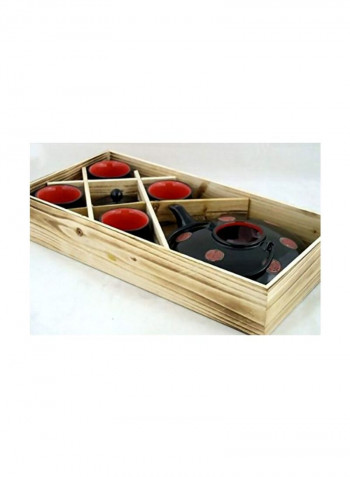 5-Piece Porcelain Tea Set With Tray Black/Red
