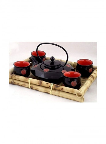 5-Piece Porcelain Tea Set With Tray Black/Red