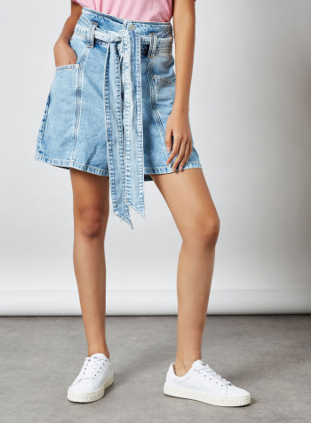 Self-Tie Belt Denim Mom Shorts Blue